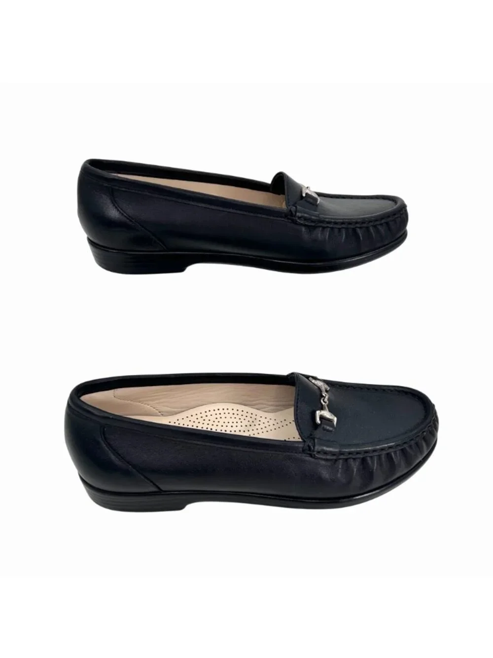 NWOT SAS METRO BLACK LEATHER CUSHIONED LOAFERS W/ SILVER METAL ACCENT - 9W